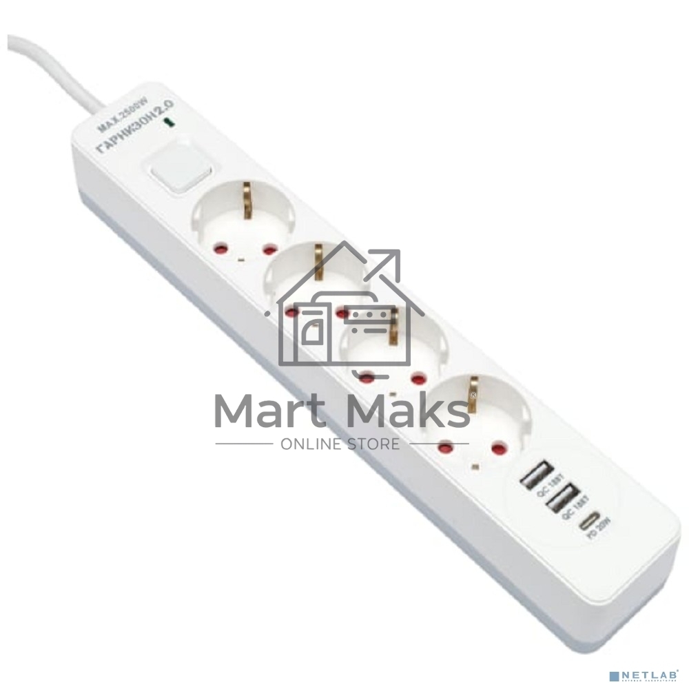Сетевой фильтр Гарнизон EPS-OP-4-CU2-W-2 2.0 Мультипорт 4р, 10А, 1xType-C PD, 2 х USB QC, 4м, ур.защиты 4+, белый, пак(21449)