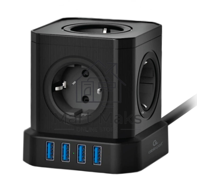 Сетевой фильтр Cablexpert Tower, TWR-5-U4-B-3, 5р, 10А, 4хUSB, 3.1А, 3м, ур.защиты 4+, черный, коробка