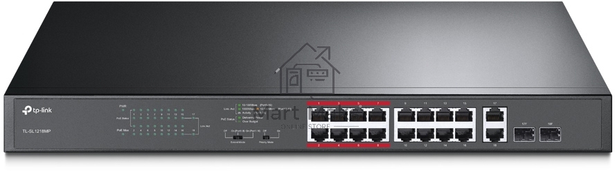 Коммутатор TP-LINK TL-SL1218MP Неуправляемый коммутатор PoE на 16 портов 10/100 Мбит/с и 2 гигабитных порта