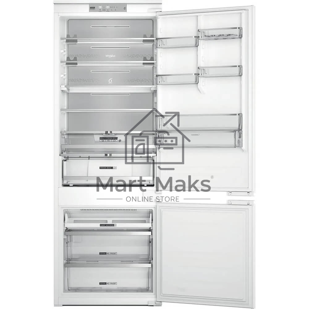 Холодильник встраиваемый Whirlpool WHSP70T241P 70 см, 193.5х54.3х69 см, 295/95 л, инверторный компрессор, автоматическая разморозка, зона свежести влажная, сенсорное управление, технология 6 SMYSL FreshControl, MultiFlow, FreezeControl, перенавешиваемые д