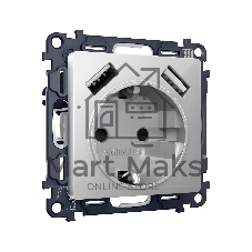 Комплект механизма электрической розетки ALFA Серебро глянец 2USB A+A 18W (быстрая зарядка) с/з QUANT (AP4090, VM155) MA409010