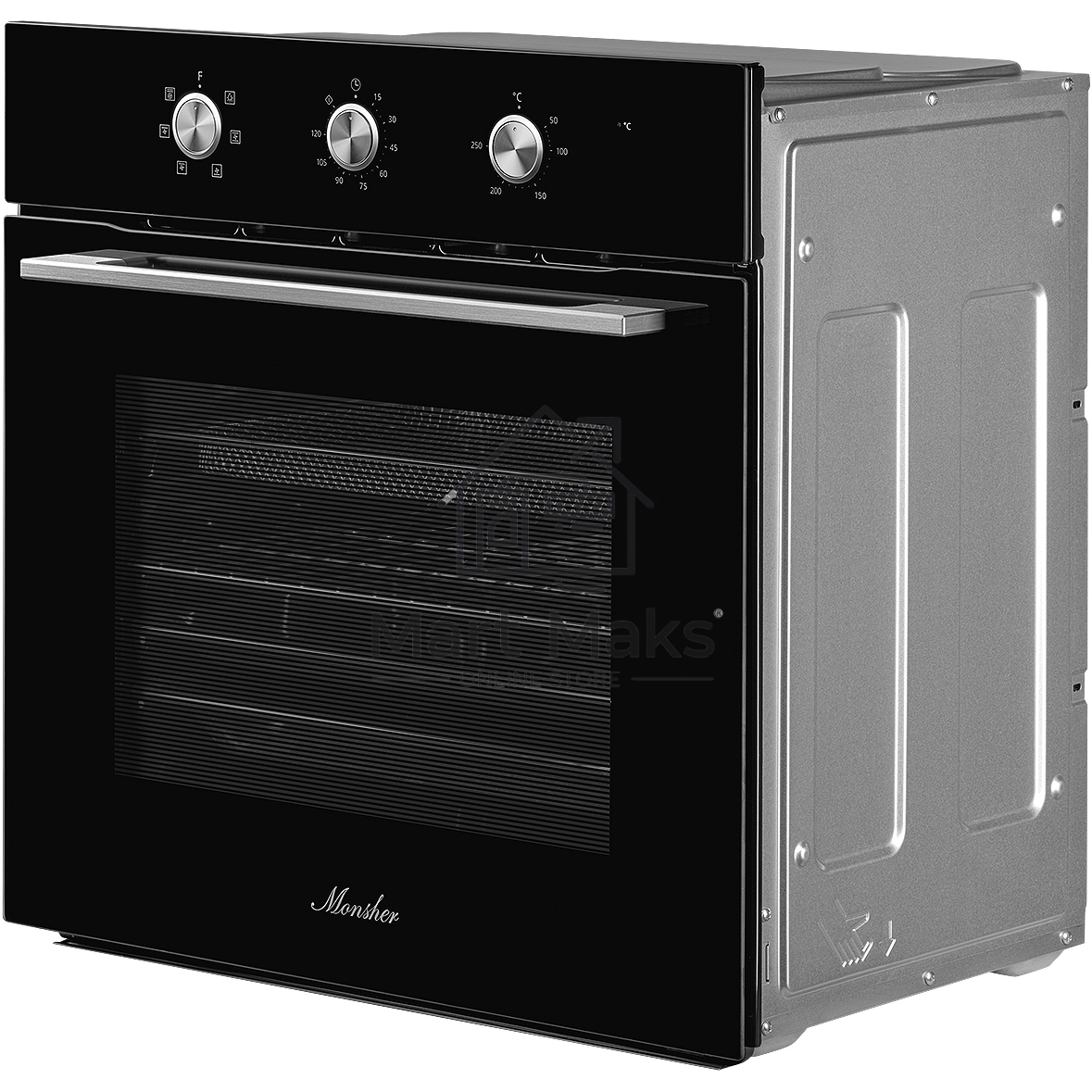 Духовой шкаф MONSHER MOE 6062 Noir, 5 режимов работы, объем духовки 58 л., утапливаемые переключатели, механический таймер, 2 стекла в дверце, энергоэффективность А, цвет: черный,фурнитура серебряная