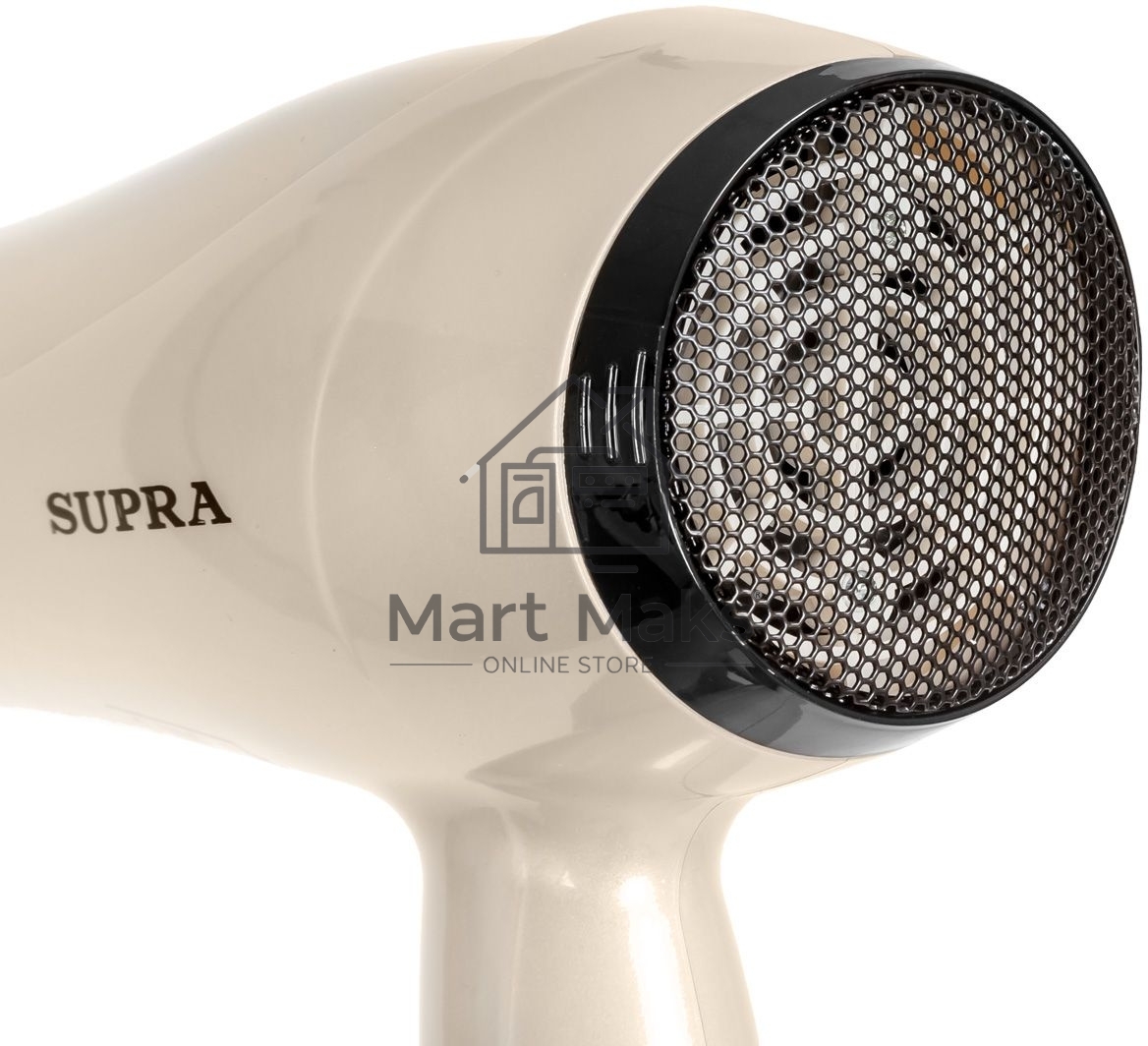 Фен SUPRA PHS-2205L (Мощность 2200 Вт. 2 скорости воздушного потока. 3 режима нагрева. Функция «Холодный обдув». Функция ионизации воздуха. Насадки: концентратор\ диффузор.)