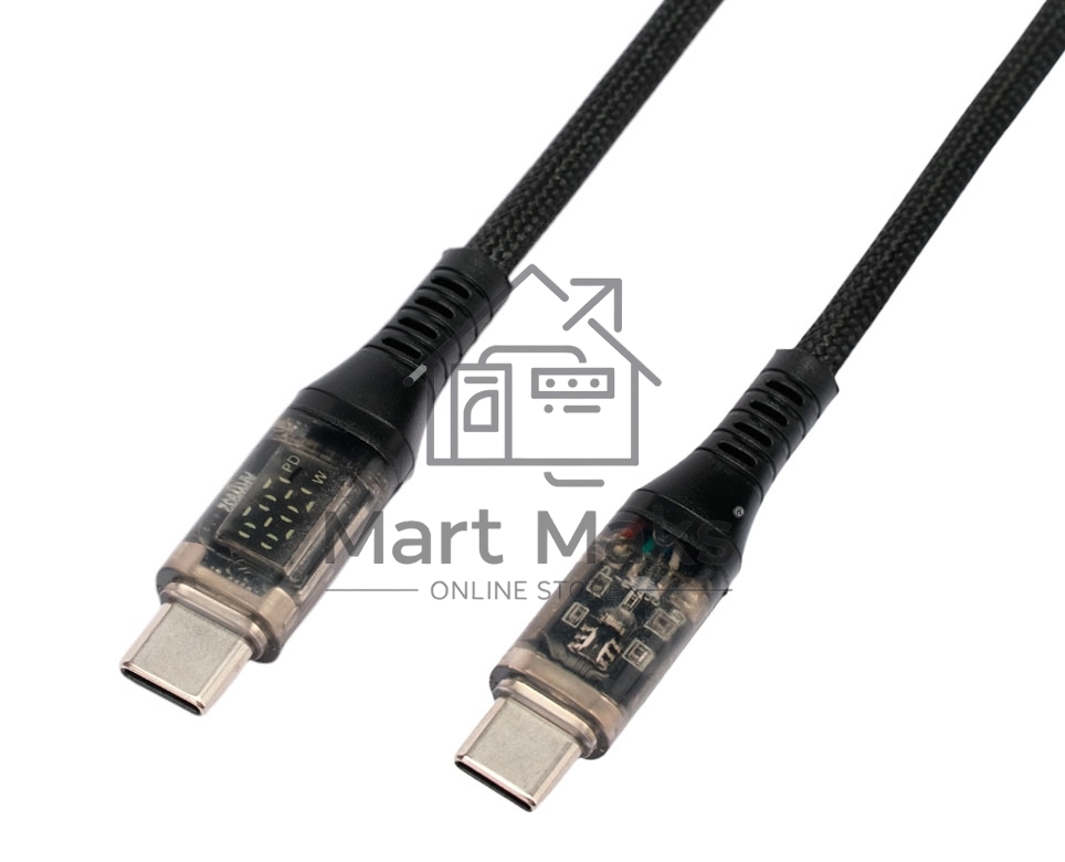 Кабель USB2.0 Cablexpert CCP-USB2-CMCM-SCR-1M, AM/Type-C, 6A, 66Вт, PD/QC3.0, дисплей, оплетка, медь, 1м, черный, пакет