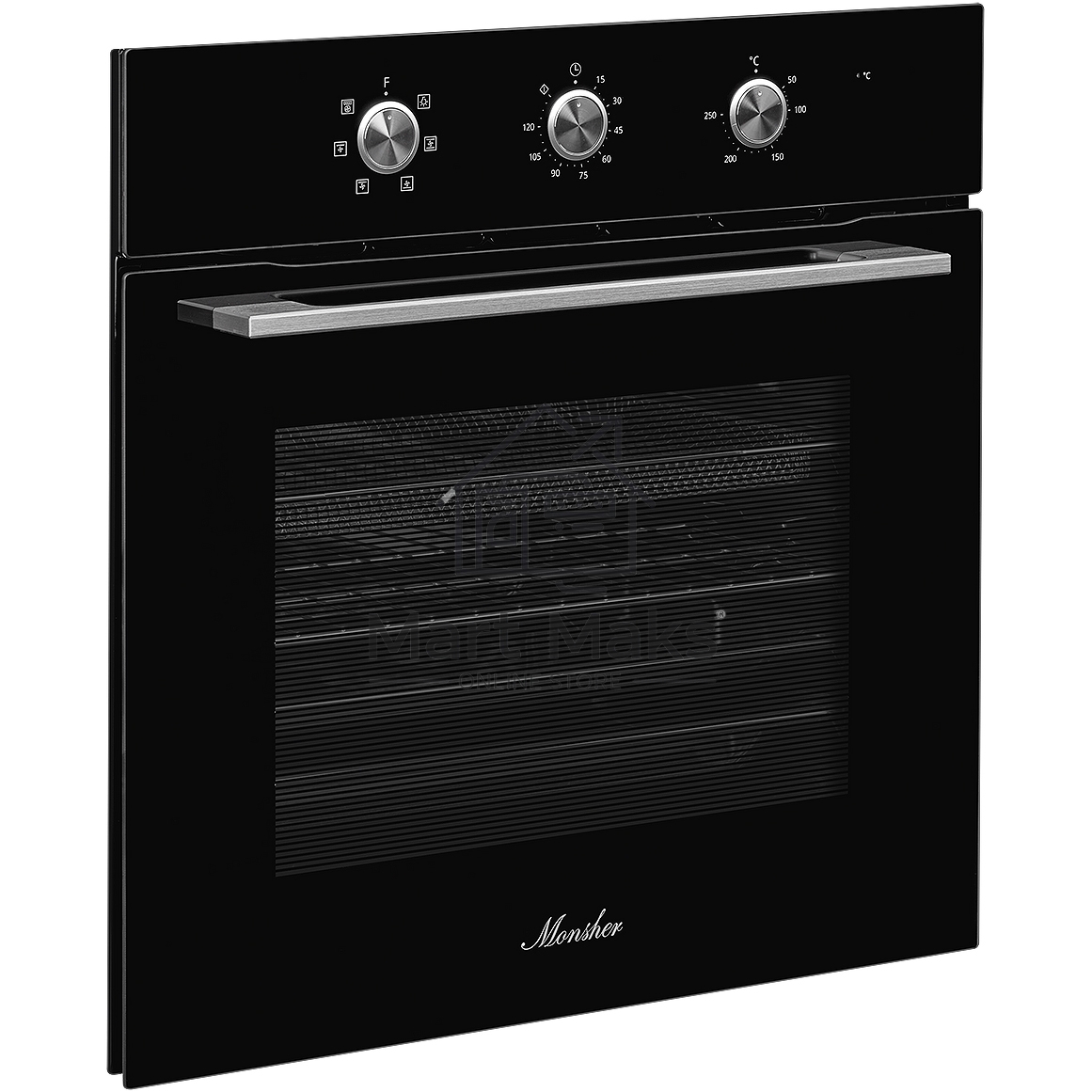 Духовой шкаф MONSHER MOE 6062 Noir, 5 режимов работы, объем духовки 58 л., утапливаемые переключатели, механический таймер, 2 стекла в дверце, энергоэффективность А, цвет: черный,фурнитура серебряная