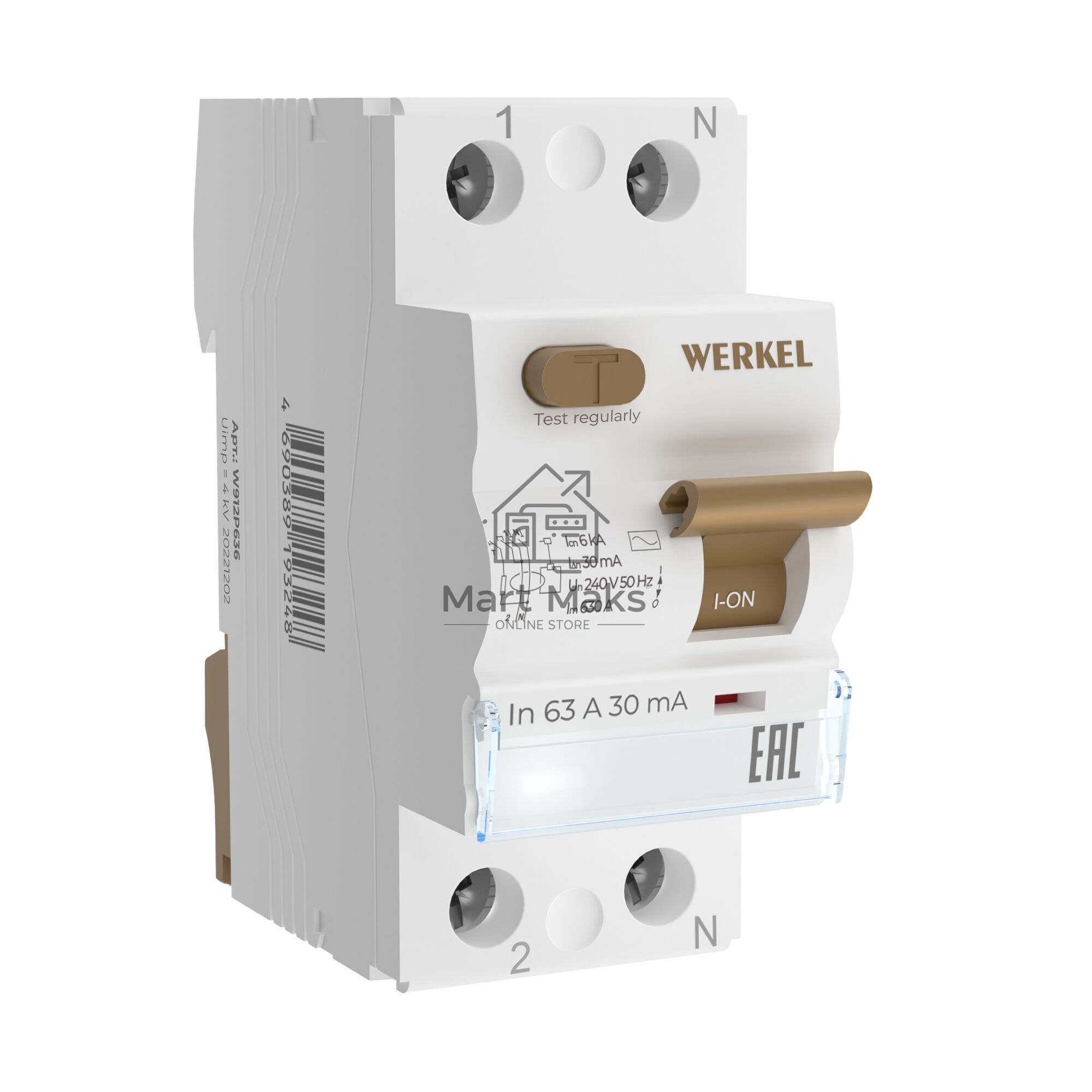 Устройство защитного отключения Werkel 1P+N 63 A 30 mА  АС  6 kА W912P636