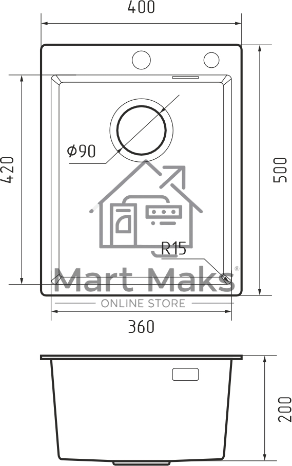 Мойка кухонная GranFest METAL 4050 titan 1 чаша 360*420*205, общий размер: 400*500*200, монтаж: универсальный, материал: нержавеющая сталь AISI 304, цвет: титан