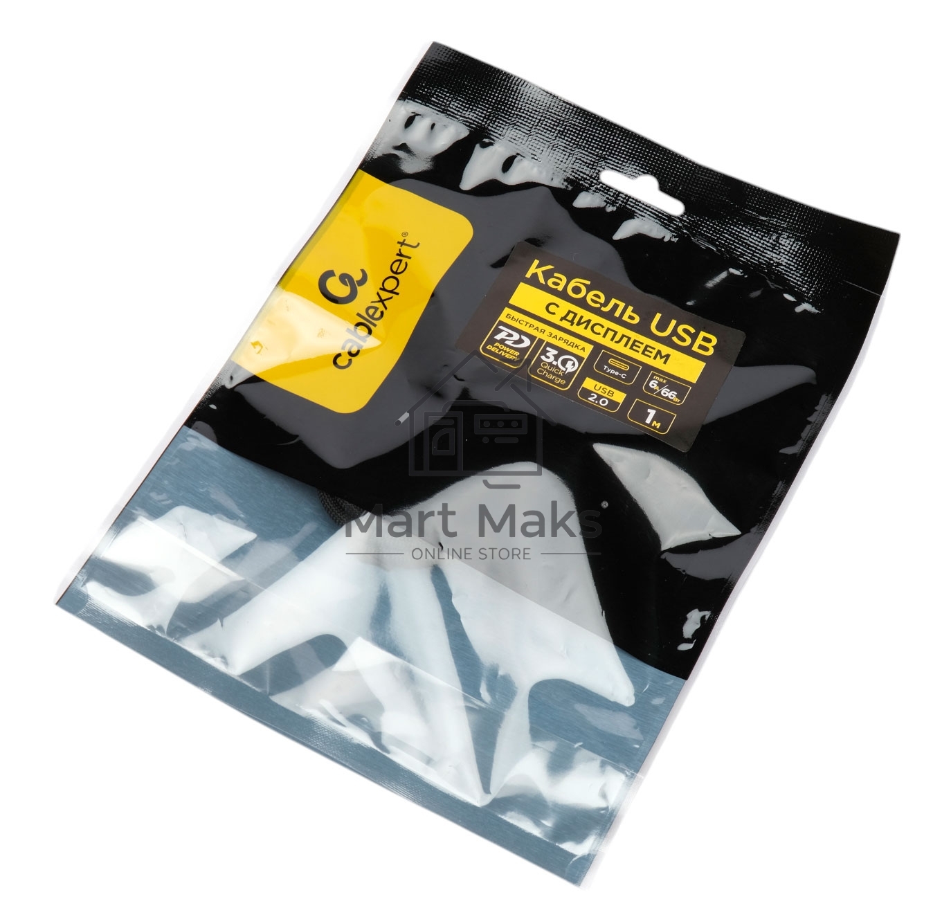 Кабель USB2.0 Cablexpert CCP-USB2-CMCM-SCR-1M, AM/Type-C, 6A, 66Вт, PD/QC3.0, дисплей, оплетка, медь, 1м, черный, пакет