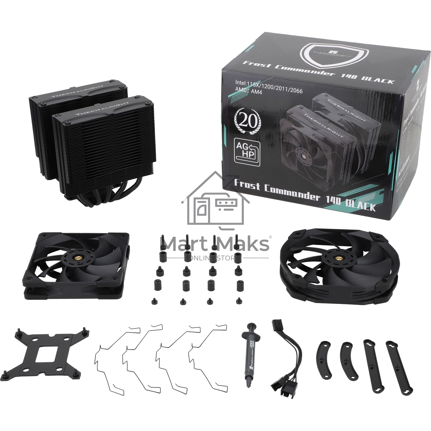 Кулер для процессора Thermalright Frost Commander 140 Black (4-pin PWM, 158mm, Ni/CU, 8x5mm, 1x120mm+1x140mm, 82CFM/95.5CFM, 29.6dBA/30.2dBA, 1850RPM/1800RPM, S: 1700, 1200, 20XX, 115X, AM5, AM4)