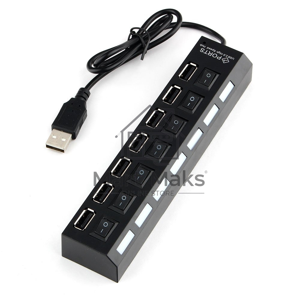 Разветвитель USB2.0 Gembird UHB-U2P7-01, 7хUSB, с доп. питанием, подсветка и выключатели, кабель USB 55см, черный, коробка