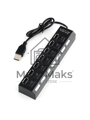 Разветвитель USB2.0 Gembird UHB-U2P7-01, 7хUSB, с доп. питанием, подсветка и выключатели, кабель USB 55см, черный, коробка