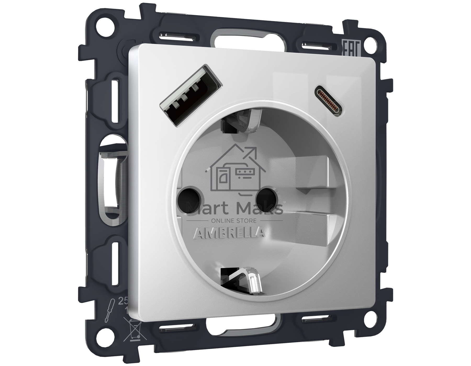 Комплект механизма электрической розетки ALFA Серебро глянец 2USB A+C 20W (быстрая зарядка) с/з QUANT (AP4100, VM160) MA410010