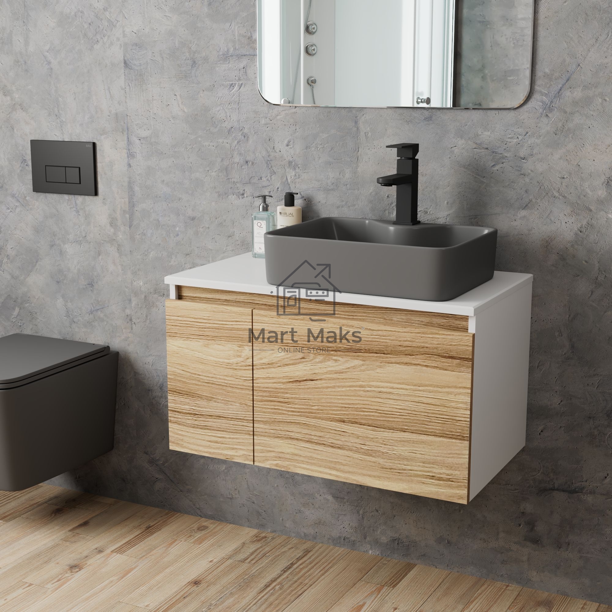 Комплект: тумба Bau Dream Blackwood 80, раковина BAU Cerama 48х37, темно-серая, смеситель Hotel Black, черный матовый