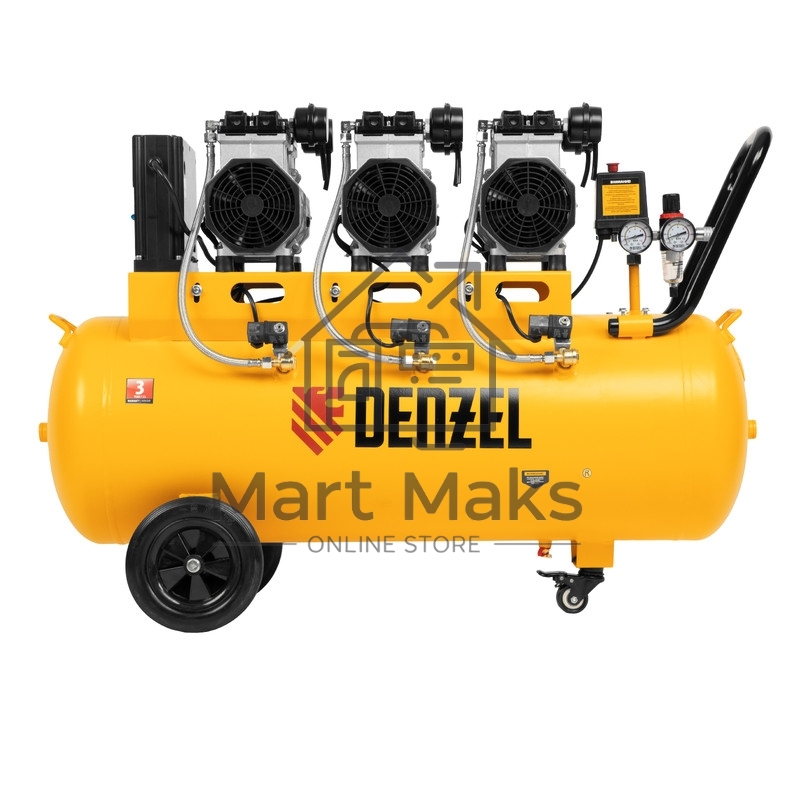 Компрессор безмаслянный малошумный DLS 3300/100, 3300 Вт,3х1100, 100 л, 570 л/мин блок упр Denzel