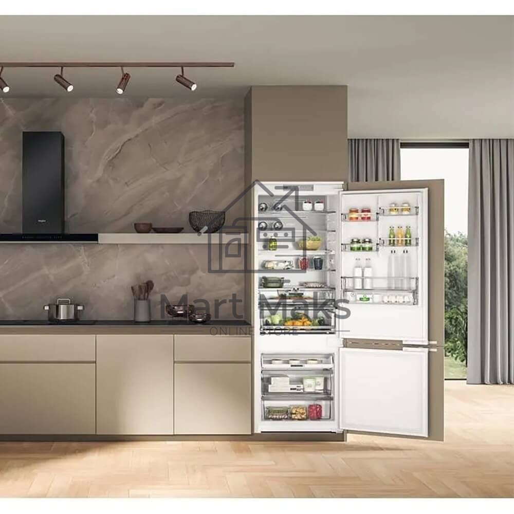 Холодильник встраиваемый Whirlpool WHSP70T241P 70 см, 193.5х54.3х69 см, 295/95 л, инверторный компрессор, автоматическая разморозка, зона свежести влажная, сенсорное управление, технология 6 SMYSL FreshControl, MultiFlow, FreezeControl, перенавешиваемые д