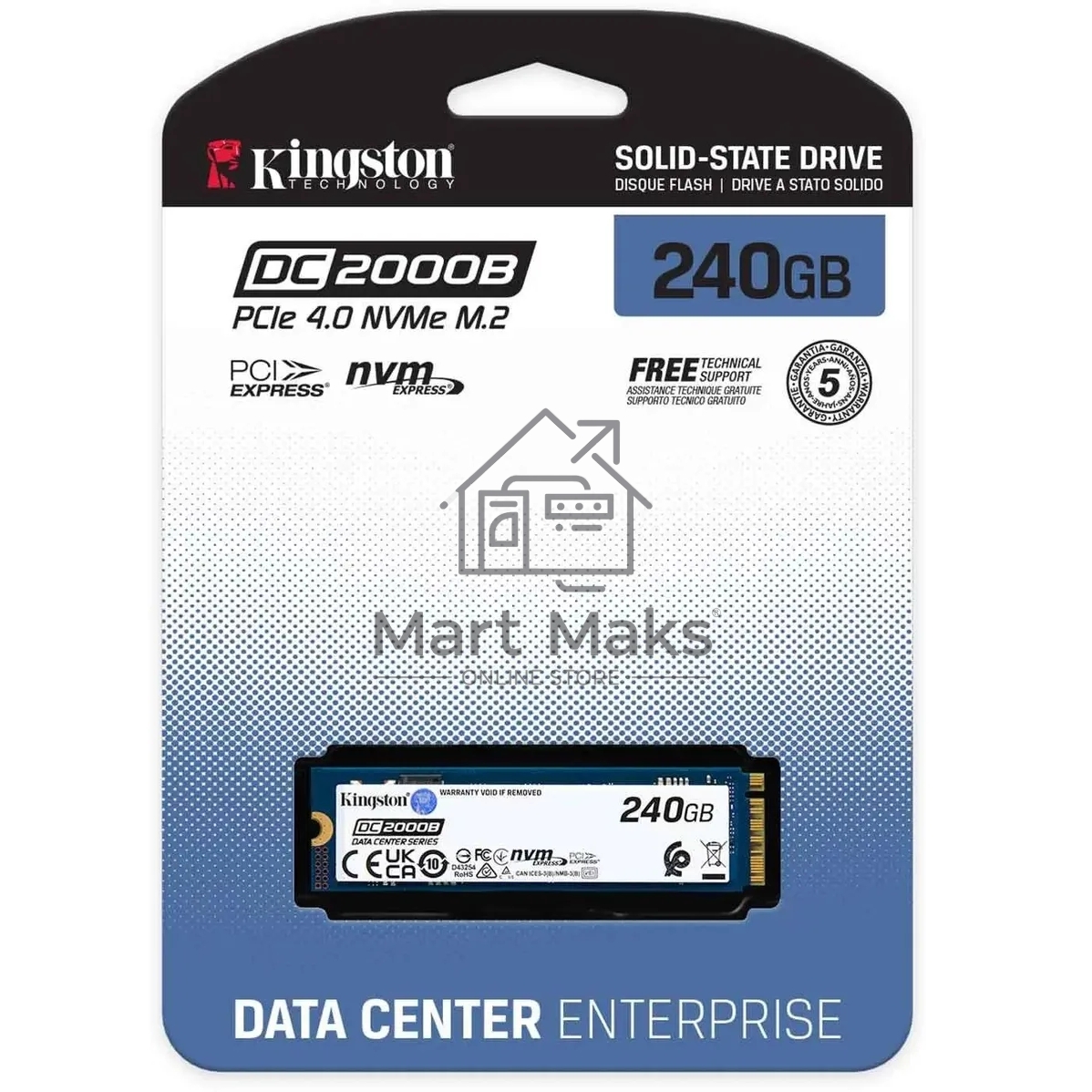 Накопитель SSD Kingston DC2000B, 240GB, PCIe 4.0 x4, M.2 2280, R/W 4500/400
