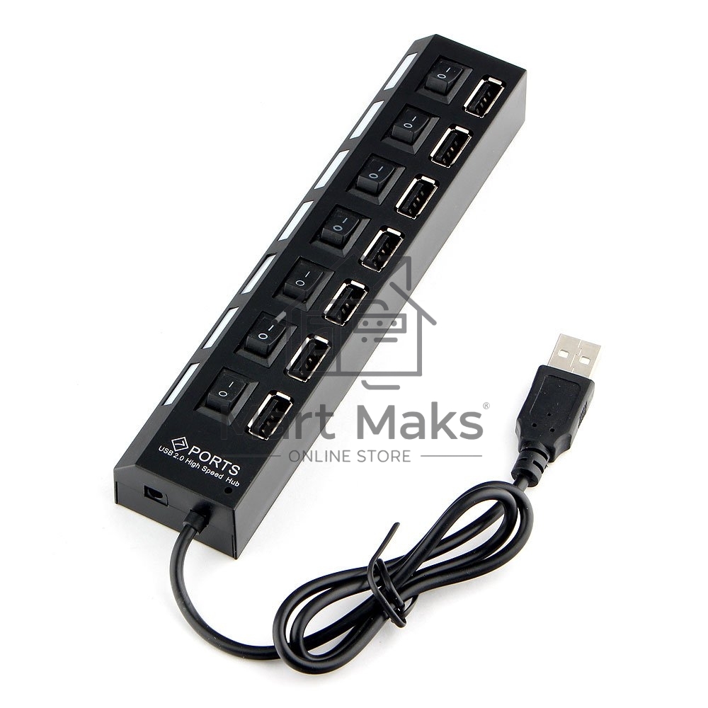 Разветвитель USB2.0 Gembird UHB-U2P7-01, 7хUSB, с доп. питанием, подсветка и выключатели, кабель USB 55см, черный, коробка