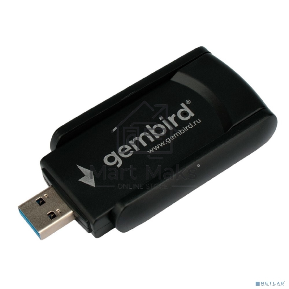 Сетевой адаптер WiFi+Bluetooth Gembird WNP-UA-020 двухдиапазонный с антеннами, 1300 Мбит, USB, 802.11b/a/g/n/ac