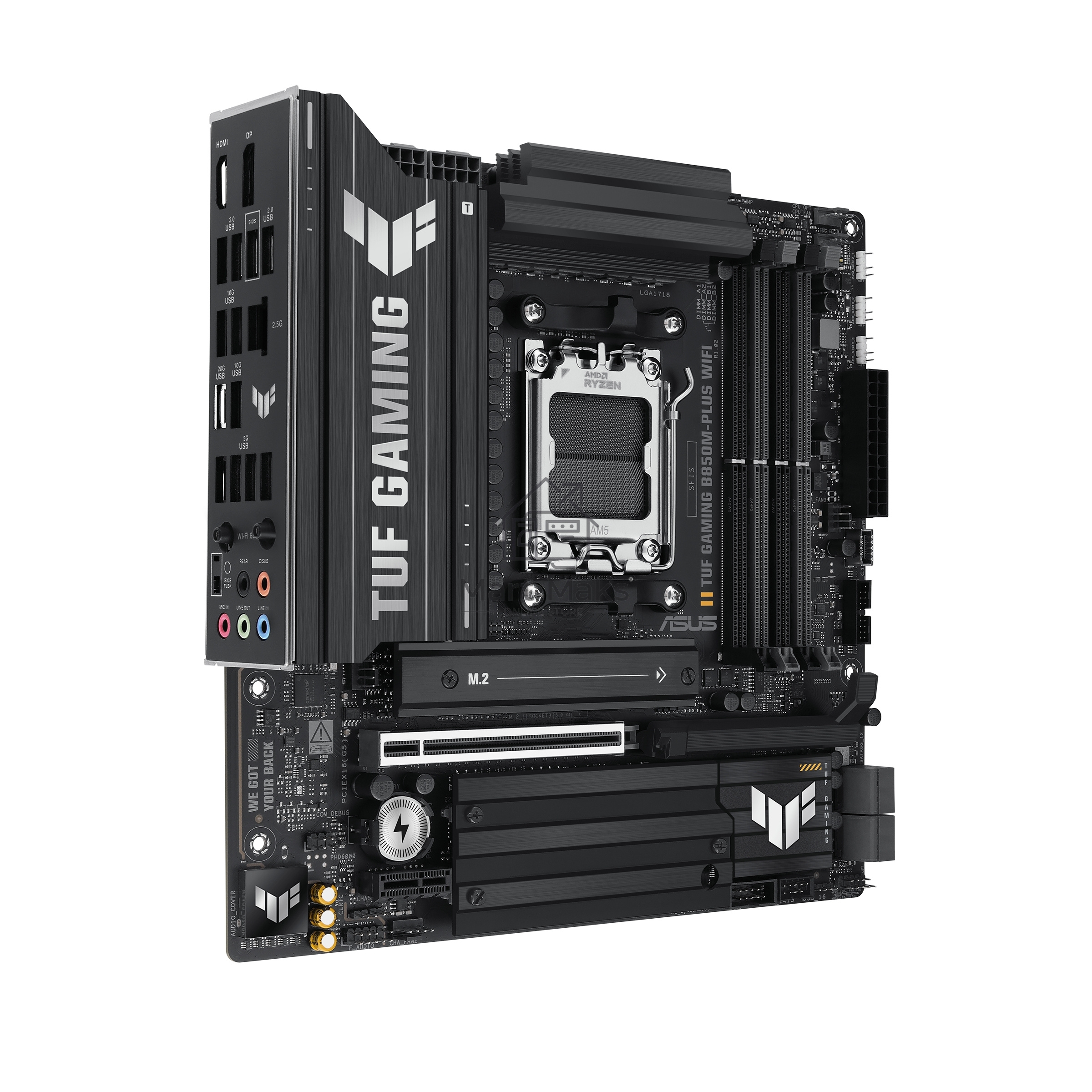 Материнская плата ASUS TUF GAMING B850M-PLUS WIFI, AM5, AMD B850, 4xDDR5, 4xSATA, 3xM.2, 1xPCIe 4.0 x16, 1xHDMI, 1xDP, 1x 2.5Gb LAN, 1xUSB-C 20Gbps, 3xUSB-A 10Gbps, 4xUSB-A 5Gbps, 4xUSB-A 2.0, 7.1, micro-ATX