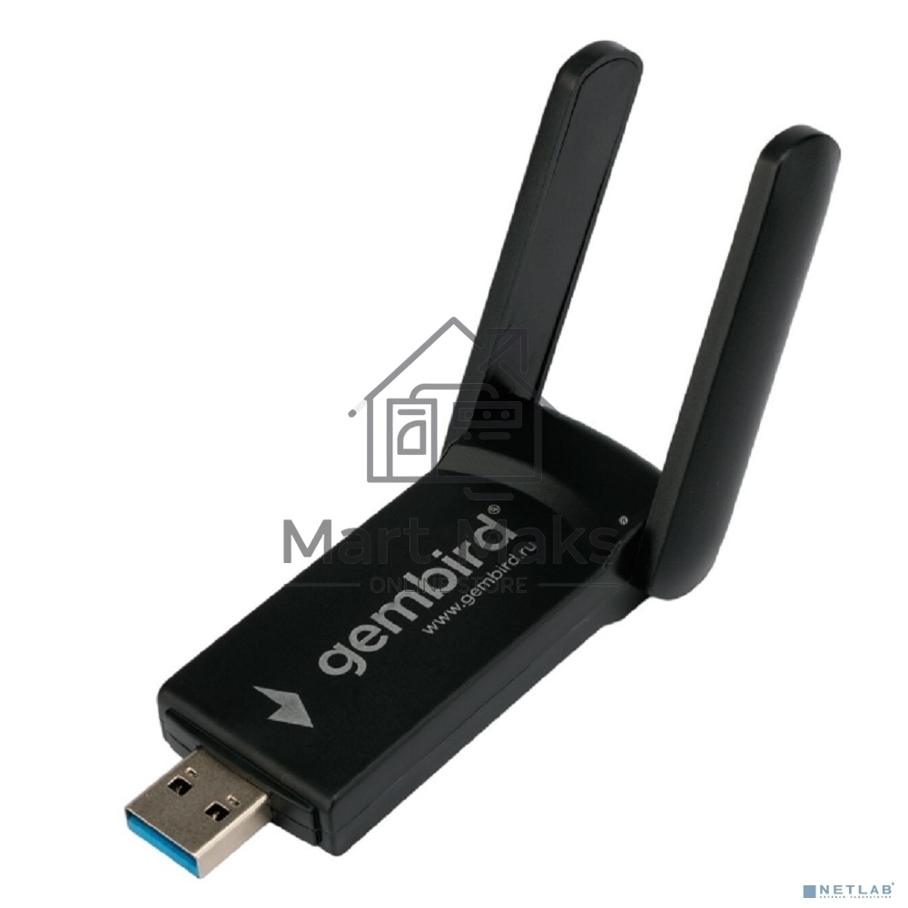 Сетевой адаптер WiFi+Bluetooth Gembird WNP-UA-020 двухдиапазонный с антеннами, 1300 Мбит, USB, 802.11b/a/g/n/ac