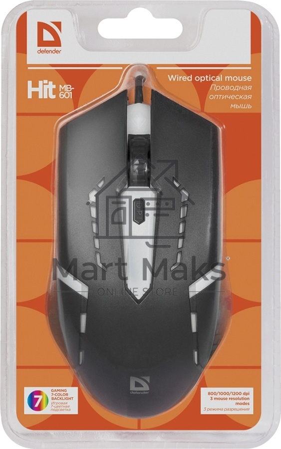 Мышь проводная Defender Hit MB-601 черный, 1200 dpi, USB, кнопки - 4