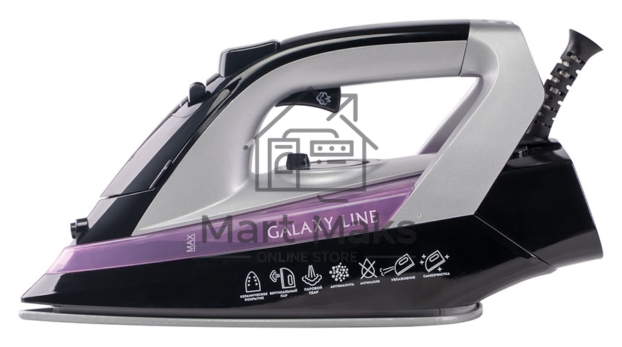 Утюг Galaxy Line GL 6128, фиолетовый с черным, паровой, 2200 Вт, постоянный пар 30 г/мин, паровой удар 140 г/мин, функции: самоочистка, антикапля, антинакипь, функция увлажнения, вертикальное отпаривание, защита от перегрева, индикатор нагрева, керамическ
