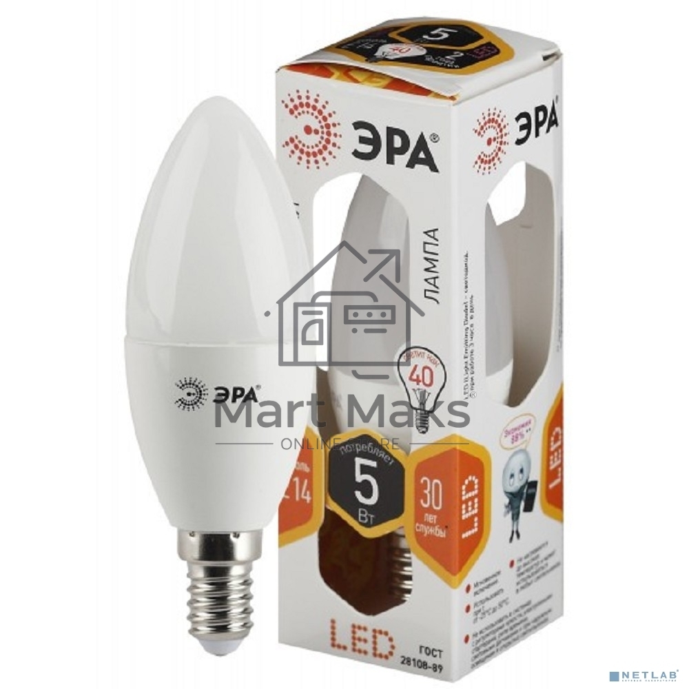 Лампа светодиодная ЭРА STD LED B35-5W-827-E14 E14/Е14 5Вт свеча теплый белый свет