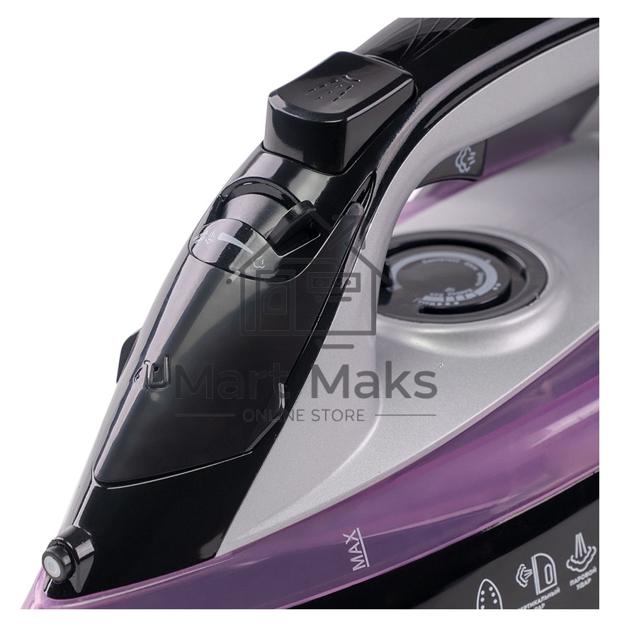 Утюг Galaxy Line GL 6128, фиолетовый с черным, паровой, 2200 Вт, постоянный пар 30 г/мин, паровой удар 140 г/мин, функции: самоочистка, антикапля, антинакипь, функция увлажнения, вертикальное отпаривание, защита от перегрева, индикатор нагрева, керамическ