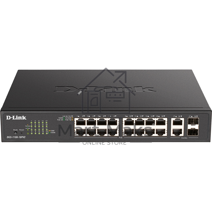 Настраиваемый L2 коммутатор D-Link DGS-1100-18PV2/A3A с 16 портами 10/100/1000Base-T и 2 комбо-портами 1000Base-T/SFP (16 портов PoE 802.3af/at, PoE-бюджет 130 Вт)