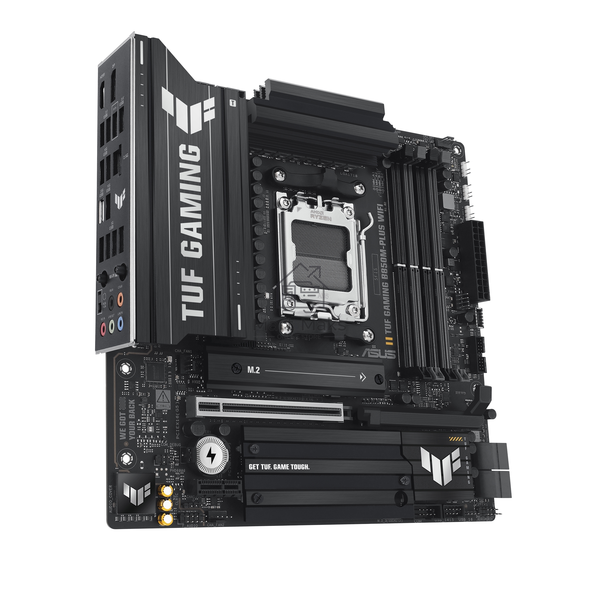 Материнская плата ASUS TUF GAMING B850M-PLUS WIFI, AM5, AMD B850, 4xDDR5, 4xSATA, 3xM.2, 1xPCIe 4.0 x16, 1xHDMI, 1xDP, 1x 2.5Gb LAN, 1xUSB-C 20Gbps, 3xUSB-A 10Gbps, 4xUSB-A 5Gbps, 4xUSB-A 2.0, 7.1, micro-ATX