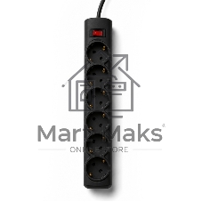 Сетевой фильтр PROGIX PG646, 6 розеток, черный, кабель 3 метра, заземление, выключатель, мощность нагрузки 3500Вт, размер 320 х 50 х 40мм, сечение кабеля 3 х 1.5кв.мм.