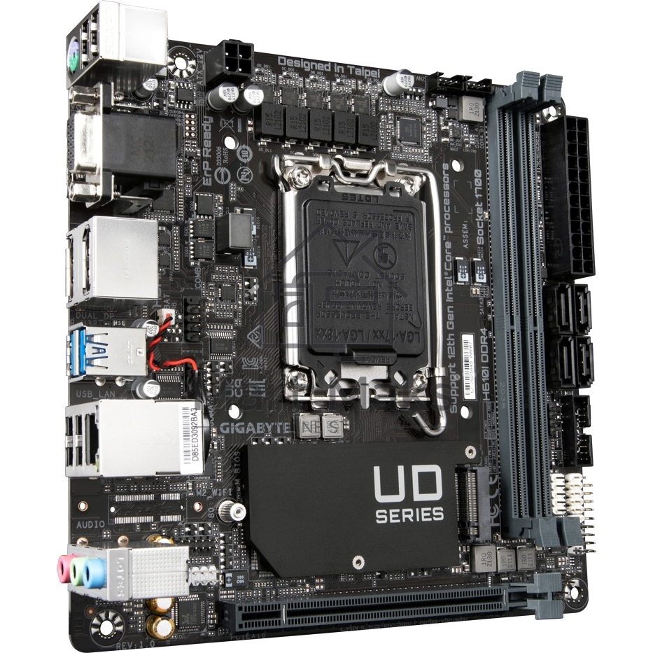 Материнская плата Gigabyte H610I DDR4, LGA 1700, Intel H610, 2xDDR4, 4xSATA, 1xM.2, 1xPCIe 4.0 x16, 1xHDMI, 1xVGA, 2xDP, 1x 1Gb LAN, 2xUSB-A 3.2 Gen 1, 4xUSB-A 2.0, 3x 3.5 мм, 7.1, Mini-ITX