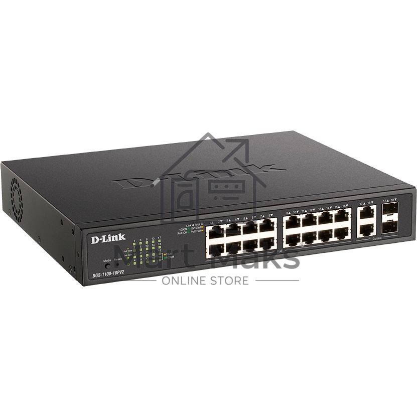 Настраиваемый L2 коммутатор D-Link DGS-1100-18PV2/A3A с 16 портами 10/100/1000Base-T и 2 комбо-портами 1000Base-T/SFP (16 портов PoE 802.3af/at, PoE-бюджет 130 Вт)