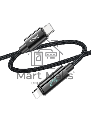 Кабель USB2.0 Hoco Type-C/Lightning, 2.4А, с дисплеем, U125, 1.2м, черный, коробка