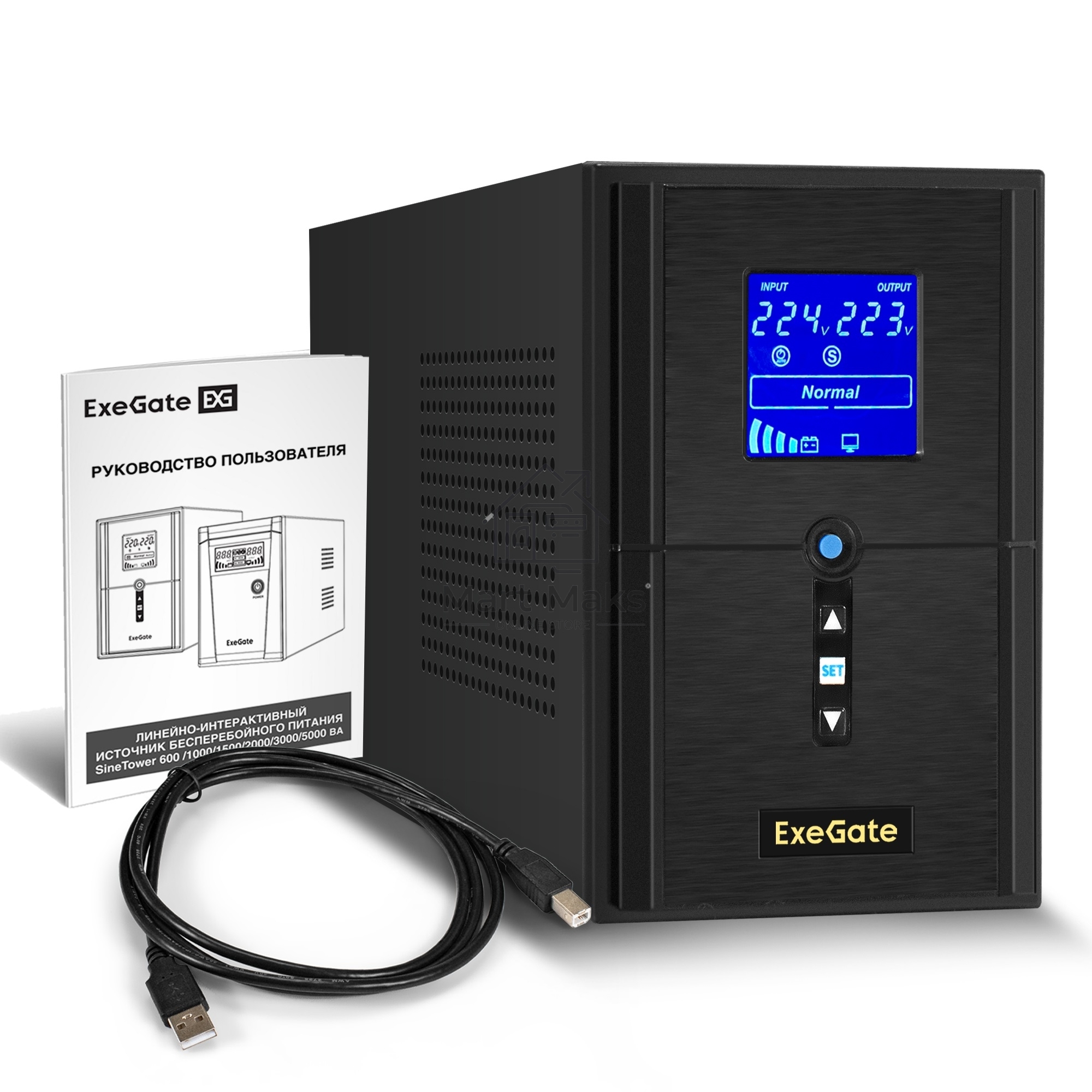 Источник бесперебойного питания ExeGate SineTower SN-1500.LCD.AVR.2SH.1C13.USB <1500VA/1200W, чистая синусоида, LCD дисплей, AVR, 2*Schuko+1*C13, USB, линейно-интерактивный, Black>