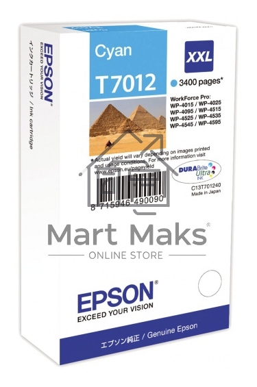 Картридж струйный Epson T70124010 голубой (3400 стр.) для WorkForce WP-4015DN WP-4015, WP-4025DW WP-4025, WP-4095DN WP-4095, WP-4515DN WP-4515, WP-4525DNF WP-4525, WP-4535DWF WP-4535, WP-4595DNF WP-4595