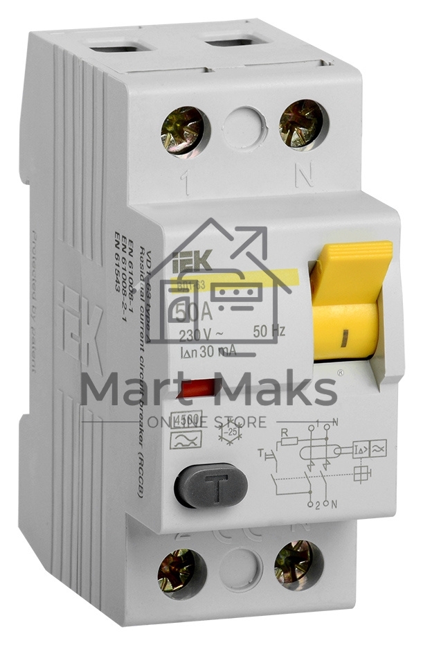 Выключатель дифференциальныйУЗО Iek MDV10-2-050-030 ВД1-63 2Р 50А 30мА ИЭК