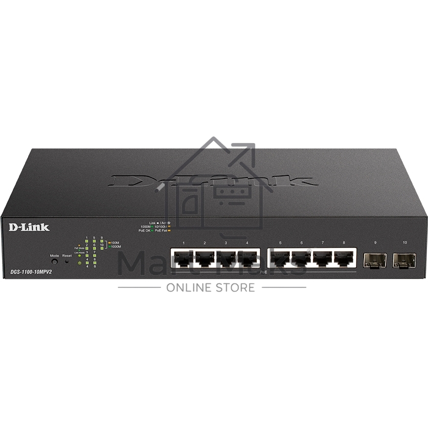 Настраиваемый L2 коммутатор D-Link DGS-1100-10MPV2/A3A с 8 портами 10/100/1000Base-T и 2 портами 1000Base-X SFP (8 портов PoE 802.3af/at, PoE-бюджет 130 Вт)
