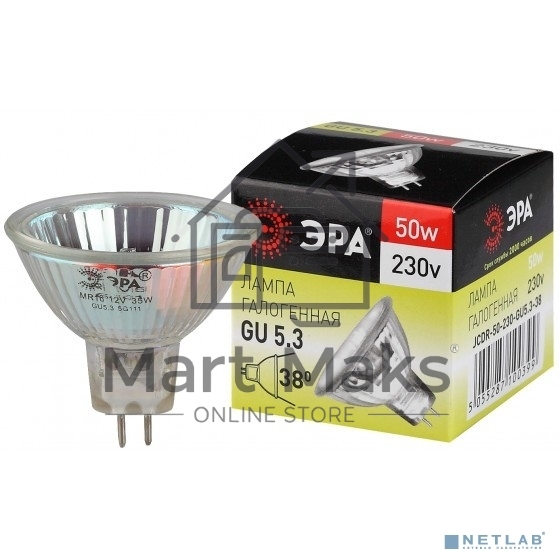 Лампа галогенная ЭРА GU5.3-JCDR (MR16) -50W-230V-Cl(10/200/6000)