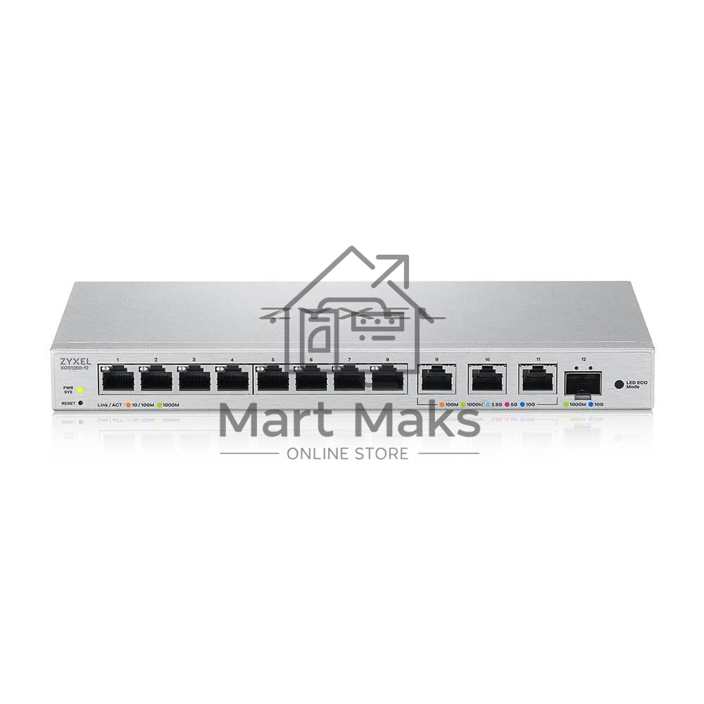 Мультигигабитный Smart L2 коммутатор Zyxel XGS1250-12, 8xGE, 3x1/2,5/5/10G, 1xSFP+, кнопка LED ECO Mode, настольный