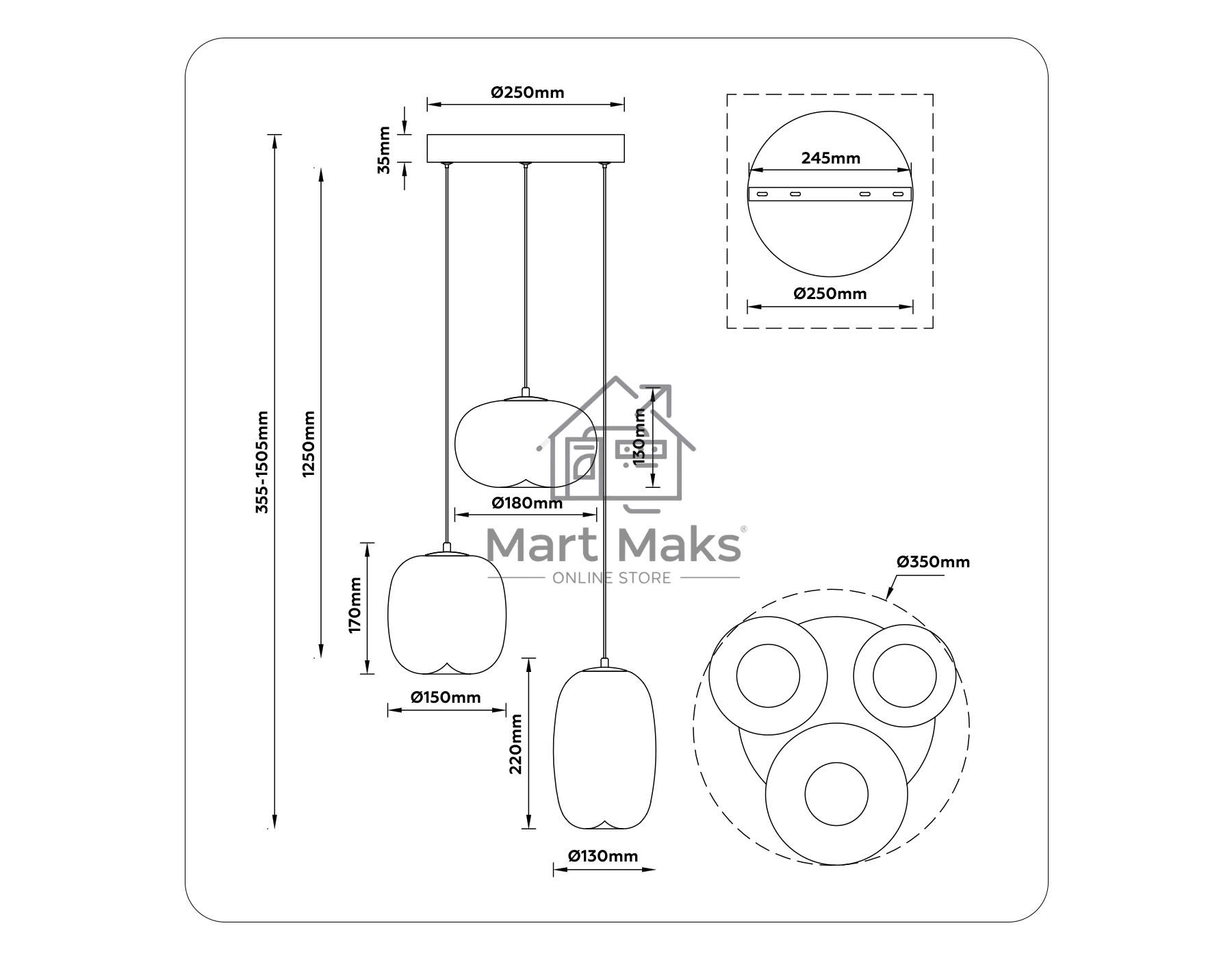 Подвесной светодиодный светильник Ambrella light LH11099/3 BK/SM черный/дымчатый 12W 3000K D350*1505