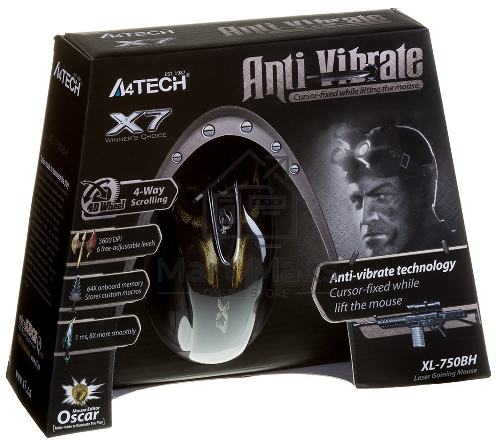 Мышь проводная A4Tech XL-750BH черный, 3600 dpi, USB, кнопки - 7