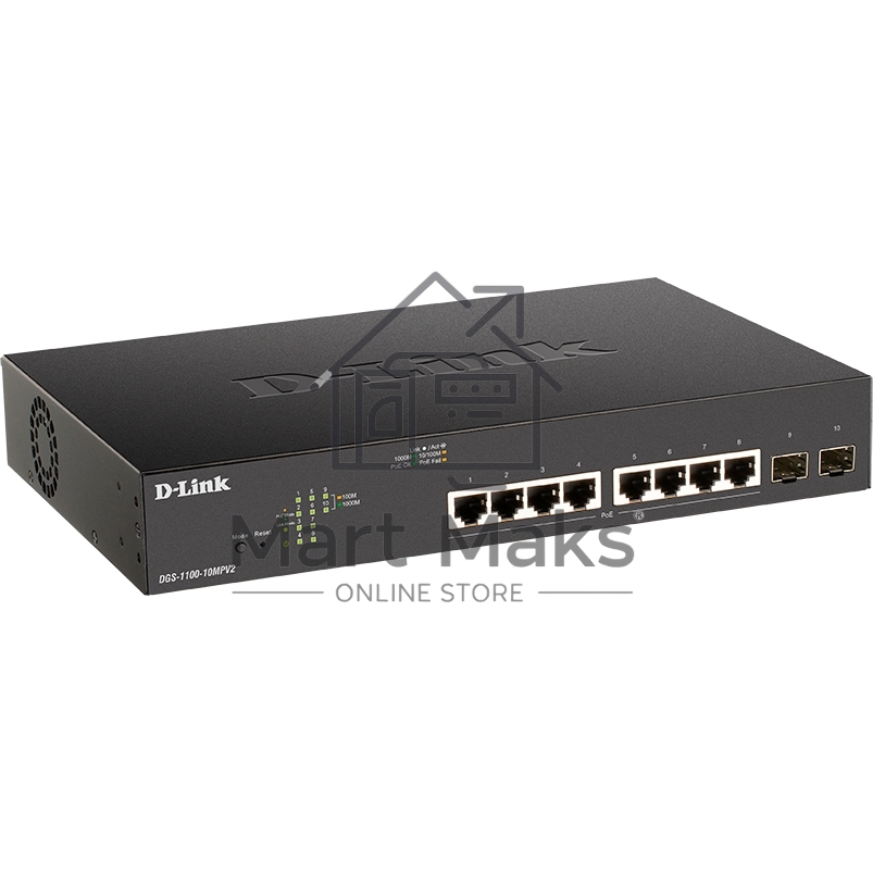 Настраиваемый L2 коммутатор D-Link DGS-1100-10MPV2/A3A с 8 портами 10/100/1000Base-T и 2 портами 1000Base-X SFP (8 портов PoE 802.3af/at, PoE-бюджет 130 Вт)