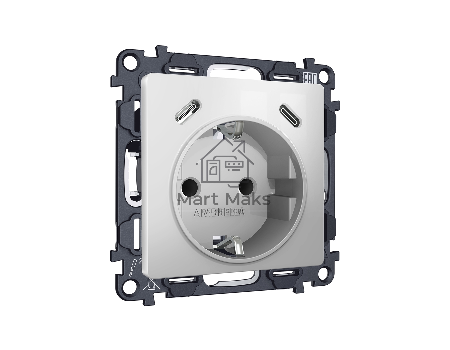 Комплект механизма электрической розетки 2USB С+C 20W с/з на винтовых зажимах 16A-250V ALFA Серебро глянец QUANT (AP4105, VM165) MA410510