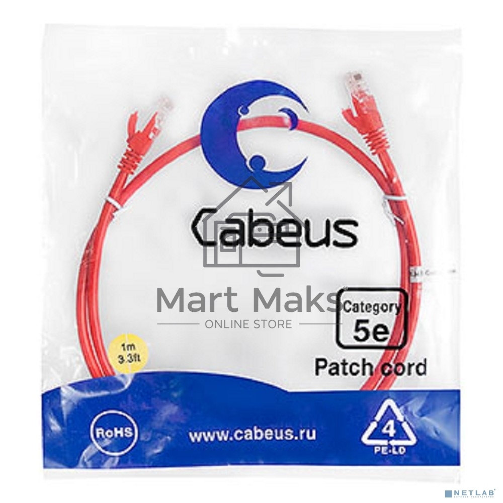 Шнур комм. Cabeus, кат. 5е, неэкр., U/UTP, RJ45/RJ45, PVC, AWG24, 1м, красный