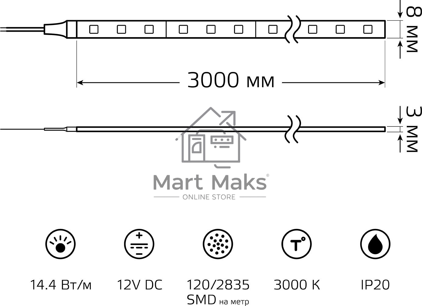 Лента Basic 12V 14,4W/m 1400lm/m 3000K IP20 LED 3m 1/100