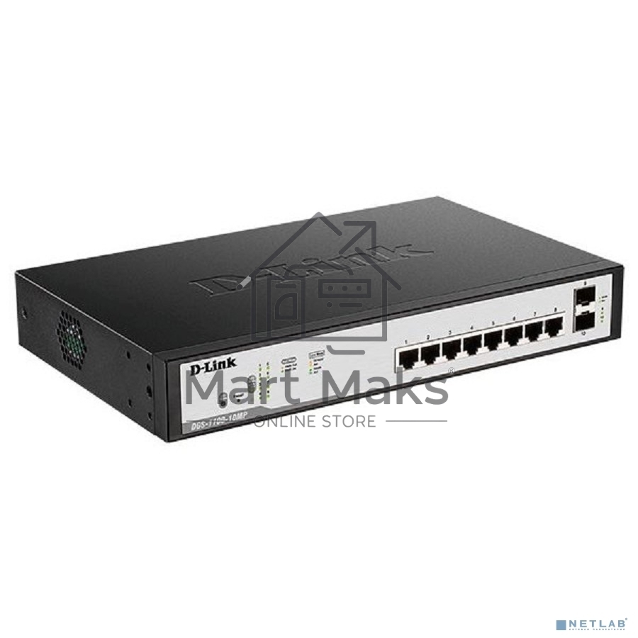 Настраиваемый L2 коммутатор D-Link DGS-1100-10MPV2/A3A с 8 портами 10/100/1000Base-T и 2 портами 1000Base-X SFP (8 портов PoE 802.3af/at, PoE-бюджет 130 Вт)