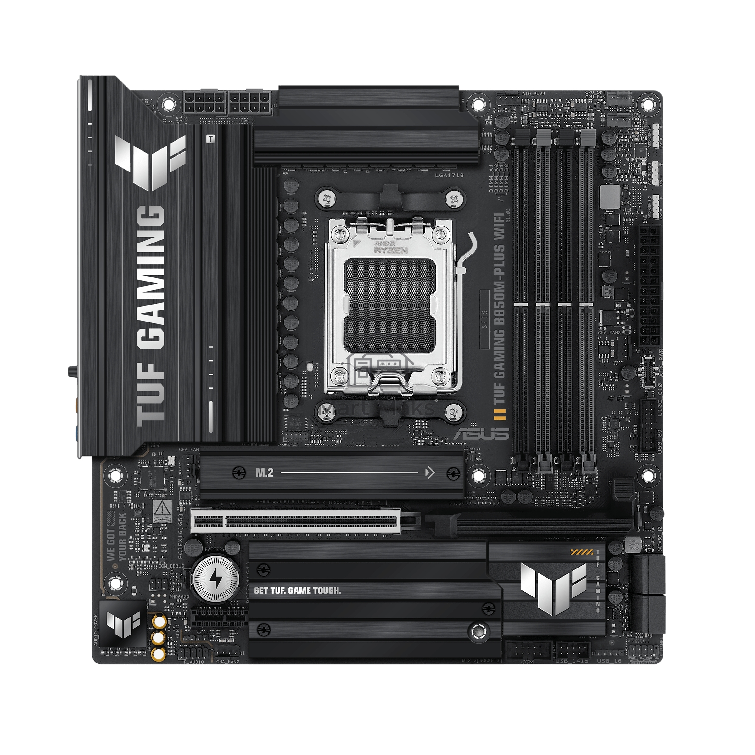 Материнская плата ASUS TUF GAMING B850M-PLUS WIFI, AM5, AMD B850, 4xDDR5, 4xSATA, 3xM.2, 1xPCIe 4.0 x16, 1xHDMI, 1xDP, 1x 2.5Gb LAN, 1xUSB-C 20Gbps, 3xUSB-A 10Gbps, 4xUSB-A 5Gbps, 4xUSB-A 2.0, 7.1, micro-ATX