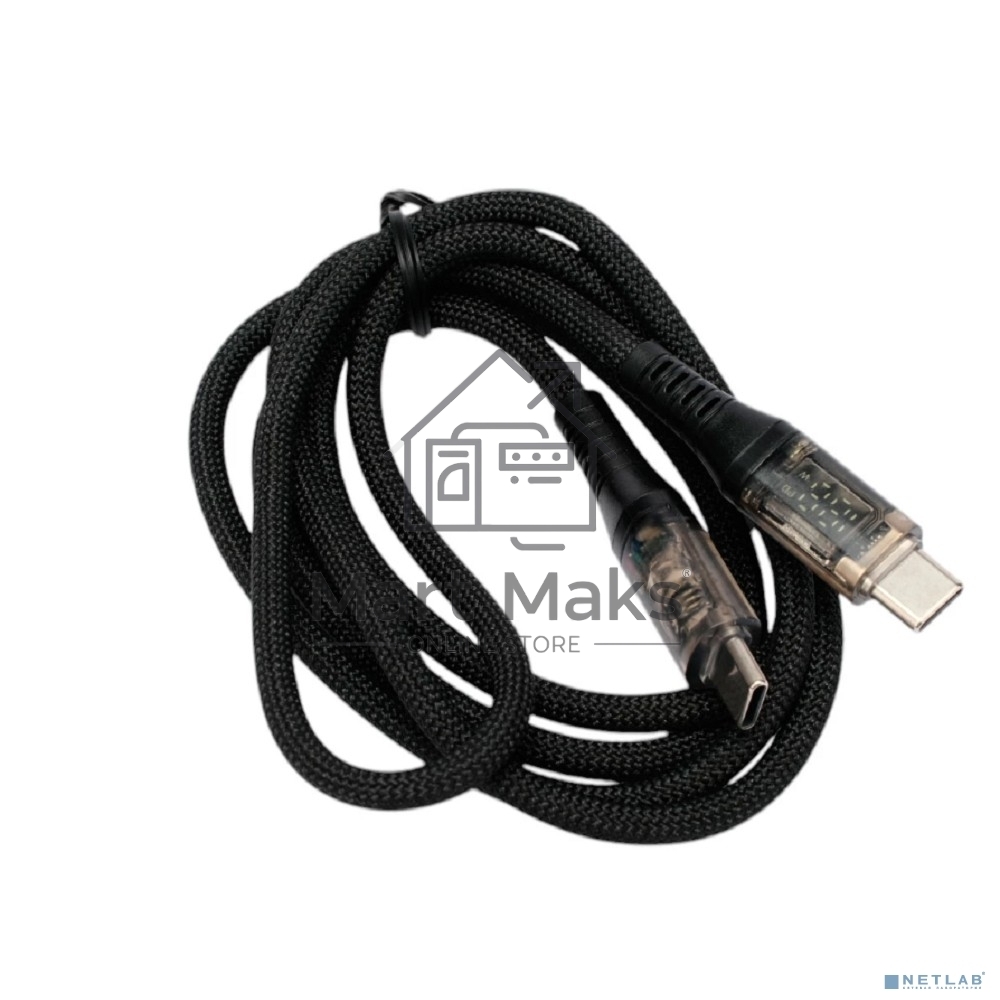 Кабель USB2.0 Cablexpert CCP-USB2-CMCM-SCR-1M, AM/Type-C, 6A, 66Вт, PD/QC3.0, дисплей, оплетка, медь, 1м, черный, пакет