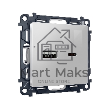 Комплект механизма розетки ALFA Серебро глянец 2USB A+C 20W (быстрая зарядка) QUANT (AP4110, VM177) MA411010